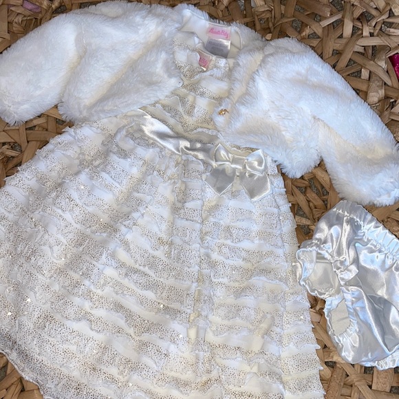 Dresses 18 Month Ruffled Gold Sparkled Dress With Faux Fur Cardigan